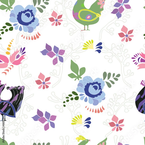 Fototapeta Seamless pattern with doodle birds