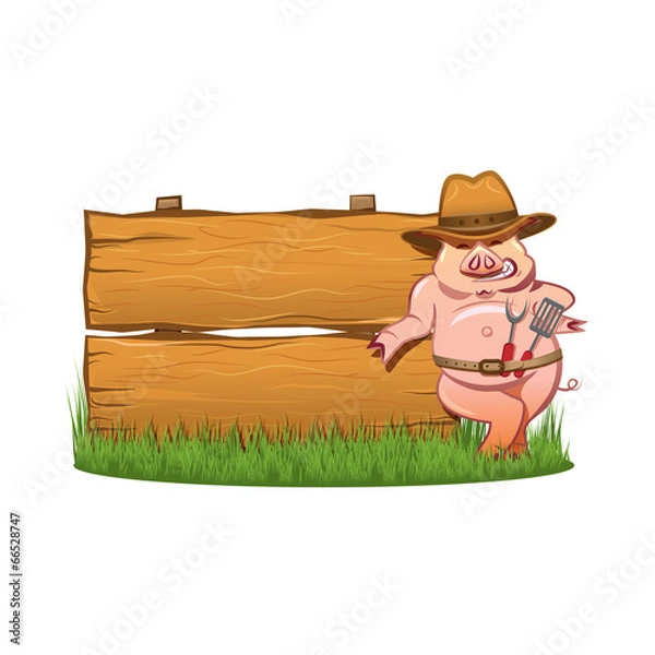 Obraz Barbeque grill - Smiling hog and wooden sign