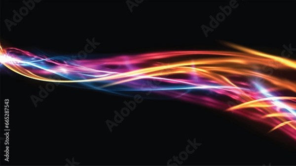 Fototapeta Colorful light trails with motion effect for animation and motion graphic. Overlay neon light vector illustration isolated on black background