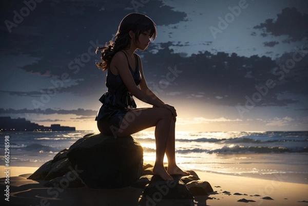 Obraz Coastal Solitude: AI-Generated Anime Illustration of a Woman Silhouetted on a Rock at a Sandy Beach Under the Soft Night Light, Rendered in Niji Style