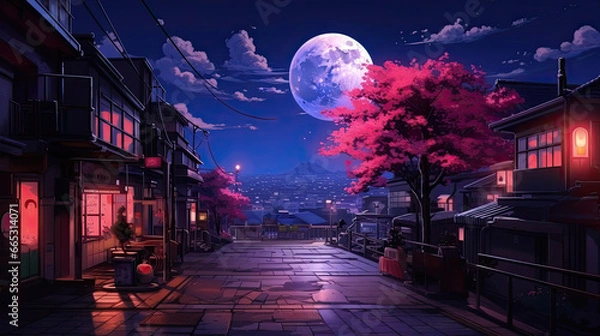 Fototapeta A beautiful japanese tokyo city town in the evening. houses at the street. anime comics artstyle. cozy lofi asian architecture. AI Generative