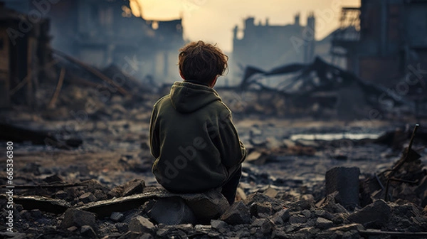 Fototapeta Back view of little boy sitting in the ruins of the city from war and explosion. Buildings are destroyed by bomb. Victim from war.