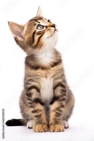 Fototapeta Playful funny kitten looking up isolated on a white background.