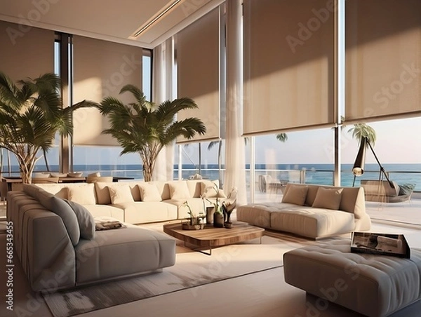 Fototapeta Interior living room with sofas and palm trees generative ai