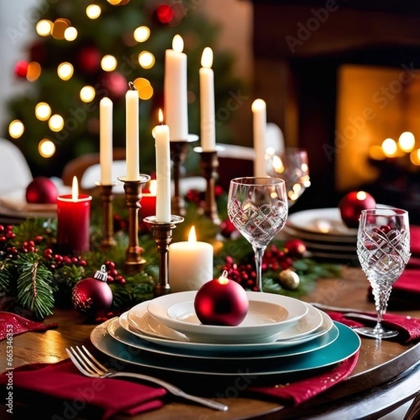Fototapeta christmas dinner table setting