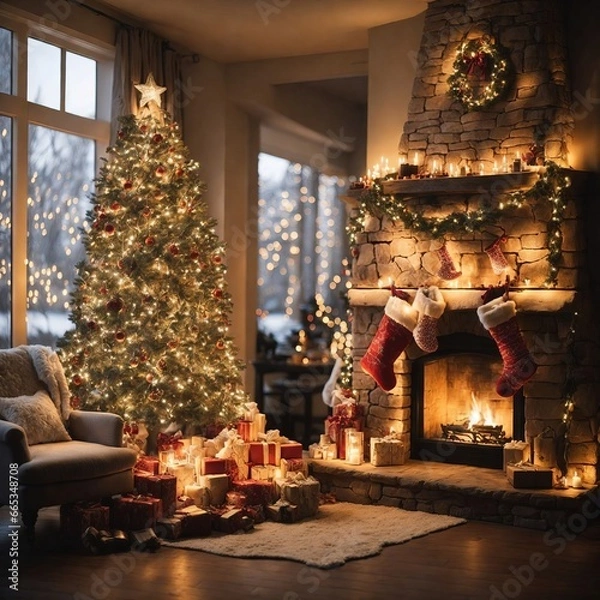 Fototapeta christmas tree with fireplace