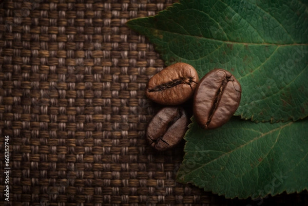 Obraz roasted coffee beans and green leaves close-up on the background of a bag