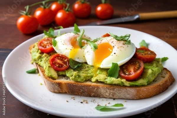 Obraz Avocado toast with eggs and roasted tomatoes.