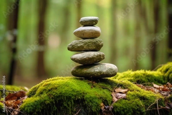 Fototapeta Pyramid stones balance on old mossy fallen tree.