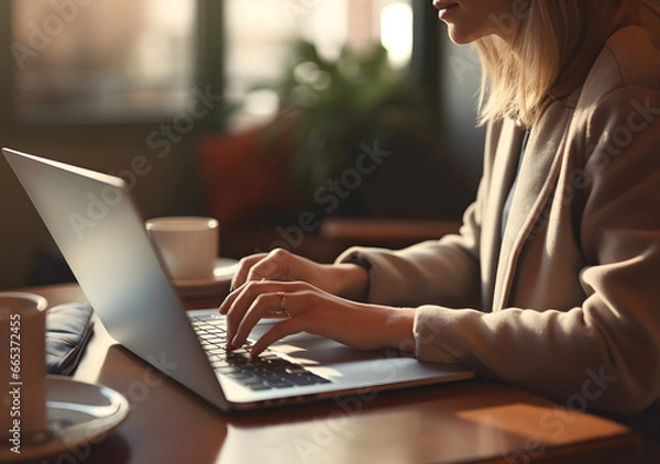 Obraz Female typing on laptop keyboard. Closeup shot, chatting, Blogger, journalist writing. Generative AI