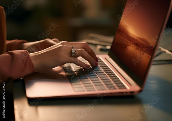 Obraz Female typing on laptop keyboard. Closeup shot, chatting, Blogger, journalist writing. Generative AI