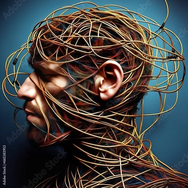 Fototapeta Visualize a person's head as a ball of tangled wires  representing a different thought or voice, conveying the complexity of their mental state.