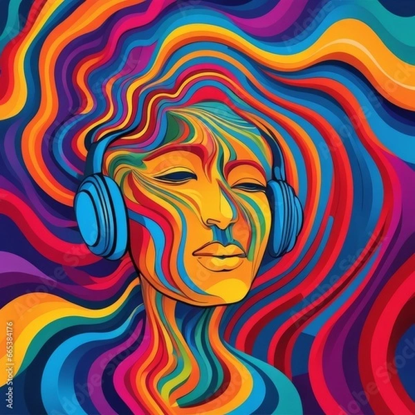 Fototapeta boy with headphone in a colorful vivid background, an illustration of auditory hallucinations,  mental health concept art 