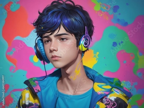 Obraz boy with headphone in a colorful vivid background, an illustration of auditory hallucinations,  mental health concept art 