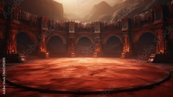 Fototapeta A lifelike battleground designed for epic warrior battles, intended to serve as a dynamic backdrop for gaming experiences. Crafted using digital graphics, this 3D illustration provides