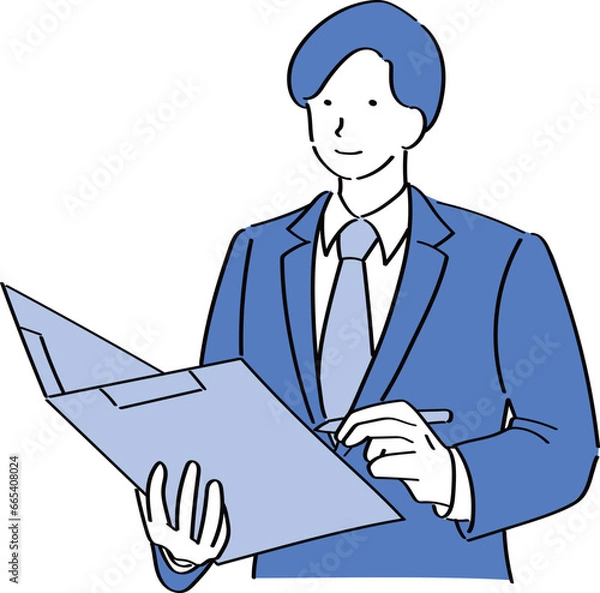 Obraz バインダーとペンを持って案内するスーツ男性