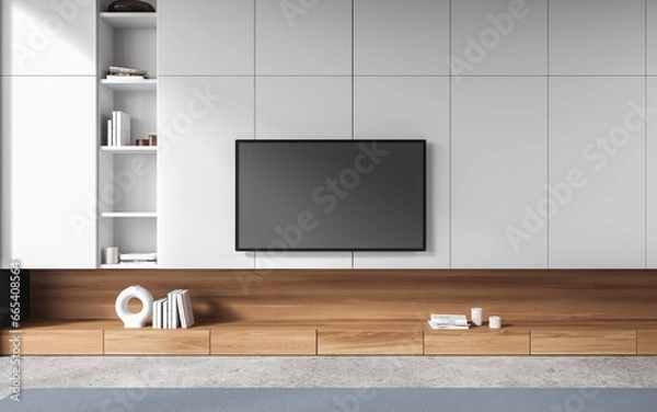 Fototapeta White and wooden living room interior with TV and bookshelves