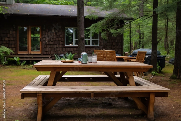 Fototapeta shot of well arranged picnic table in the backyard of cottage rental