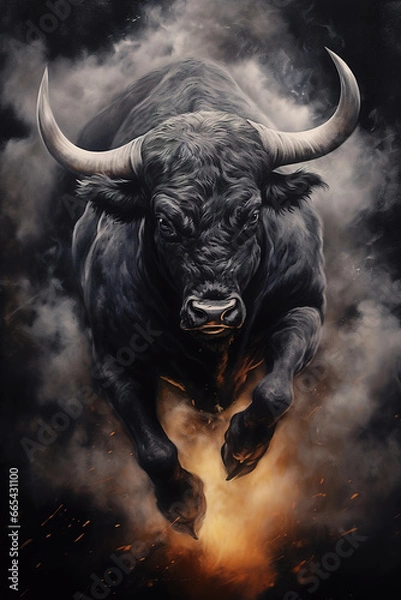 Fototapeta Black bull running in the clouds of dust, stunning illustration, dark background