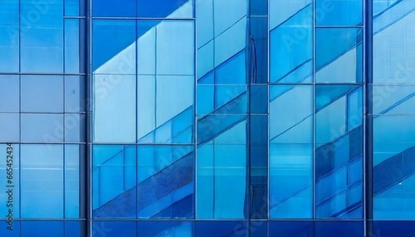 Obraz blue glass building, abstract glass facade with strict geometric lines and rectangles in blue base color