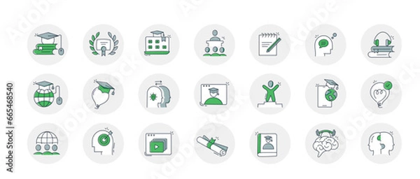 Fototapeta Custom Hand Drawn Online Learning Icons cover various topics related to online education, including e-learning, distance learning, virtual classrooms, and learning management systems.