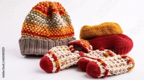 Fototapeta Cozy Knitted Socks and Hats on White Background, generative AI