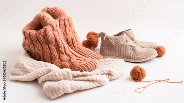 Fototapeta Cozy Knitted Socks and Hats on White Background, generative AI