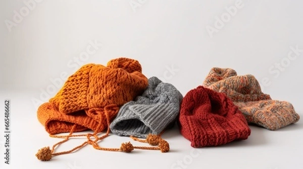 Fototapeta Cozy Knitted Socks and Hats on White Background, generative AI