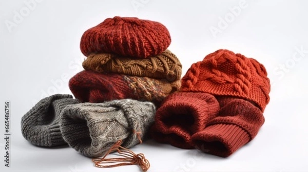 Fototapeta Cozy Knitted Socks and Hats on White Background, generative AI