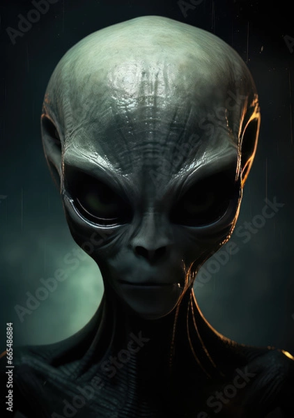 Fototapeta Intergalactic Gaze: A Poster Depicting a Grey Alien Looking into the Camera, Unveiling the Mysteries of Extraterrestrial Existence, Crafted by Generative AI