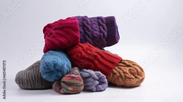 Fototapeta Cozy Knitted Socks and Hats on White Background, generative AI