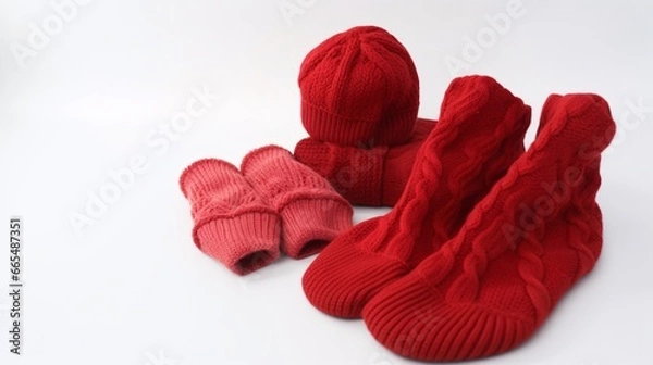 Obraz Cozy Knitted Socks and Hats on White Background, generative AI