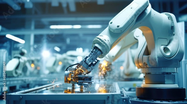 Obraz Precision engineering: A robotic arm at work in a fully automated facility