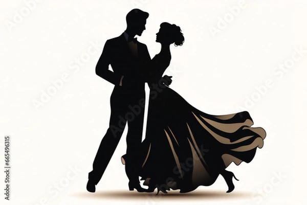 Fototapeta Silhouette of ballroom dancers who are dancing as a couple showing their technique skills at a Latin dance competition event, Generative AI stock illustration image isolated on a white background