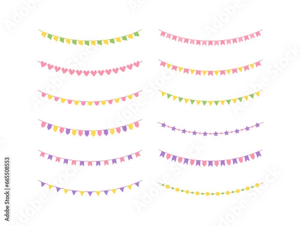 Fototapeta Set of colourful bunting flags. Festive decorations. Vector illustration. 