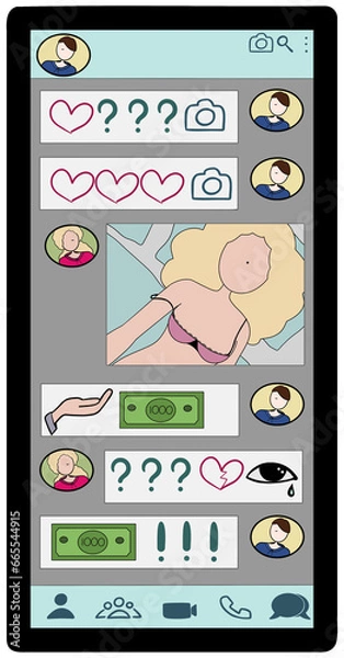 Fototapeta Screen of a smartphone with a chat conversation that is leading to sextortion