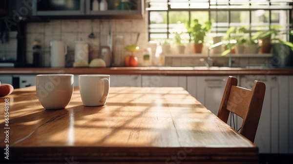 Fototapeta Wooden table background in domestic kitchen with cups of coffee with shadows and sunny warm morning time. Copy space for your composition