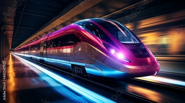 Fototapeta A dynamic long exposure of sleek, high - speed trains with neon accents racing through a futuristic metropolis at night