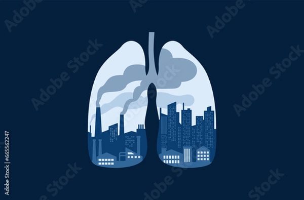 Obraz Air pollution from factory chimneys,  smoke inside abstract human lungs vector illustration. Cartoon industrial city landscape, environmental problem concept vector illustration