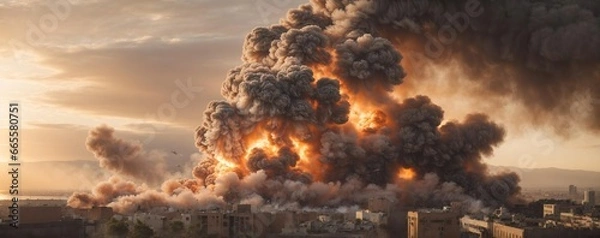 Obraz Wide shot of a giant airstrike, IED or artillery explosion in a big middle eastern city. Generative AI.