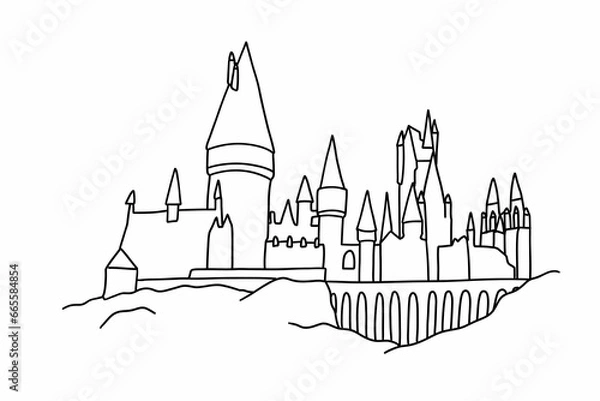 Fototapeta School of witchcraft and wizardry. Landscape magic school Hogwarts. Castle with many towers. Vector black illustration in simple cartoon doodle outline hand drawn style isolated on white background.