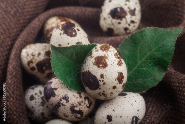 Obraz Quail eggs and green leaves. A pile of quail eggs.