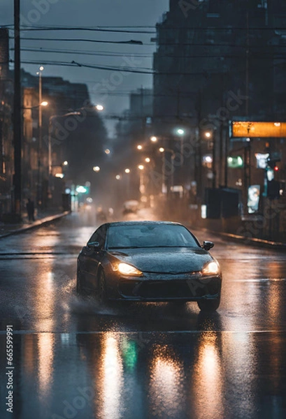 Fototapeta iPhone , Samsung, android wallpapers of a serene image of a car driving on a road with reflections of city lights on wet pavement after rain.