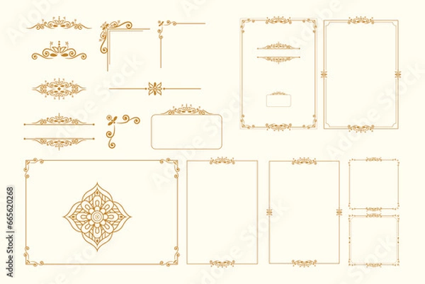 Obraz Set Of Golden Vintage ornament with border, frame, crown, mandala and luxury elements, suitable for vintage design or wedding invitation card