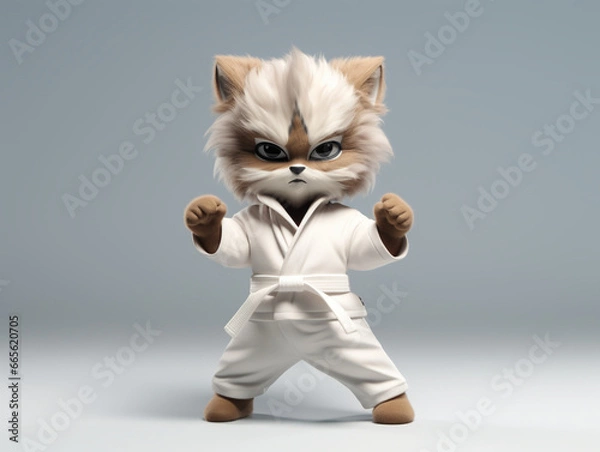 Fototapeta White toy kitten in a karate suit with a white belt on a gray background. AI Generation