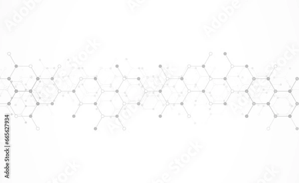 Fototapeta Hexagons pattern on gray background. Genetic research, molecular structure. Chemical engineering. Concept of innovation technology. Used for design healthcare, science and medicine background