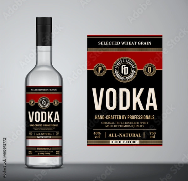 Obraz Vector black and red vodka label template. Vodka glass bottle mockup. Distilling business branding and identity design elements