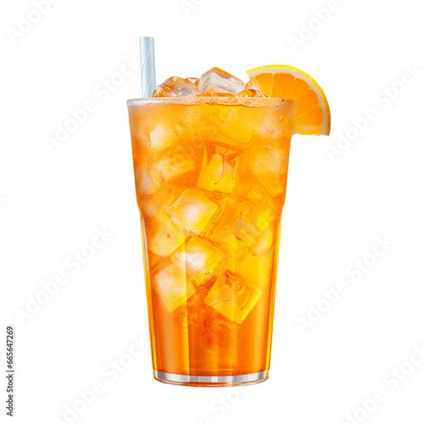 Fototapeta glass of orange soda with ice and tube isolated on white background, ai generated