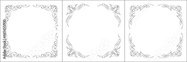 Fototapeta Set of three vector frames. Elegant black and white monochrome ornamental corners for greeting cards, banners, invitations. Vector frame for all sizes and formats. Isolated vector illustration.