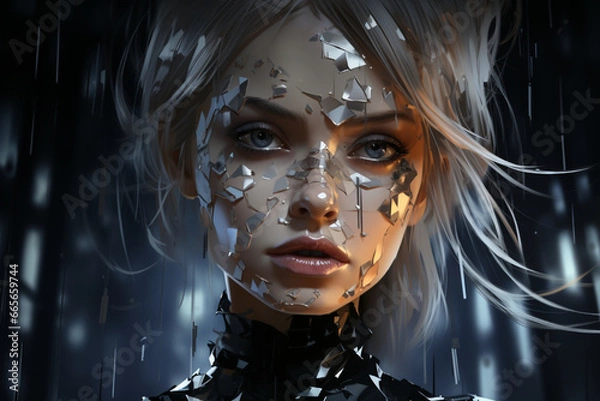 Fototapeta Mix Of Painted And Real Portrait Of A Young Woman - Generative AI